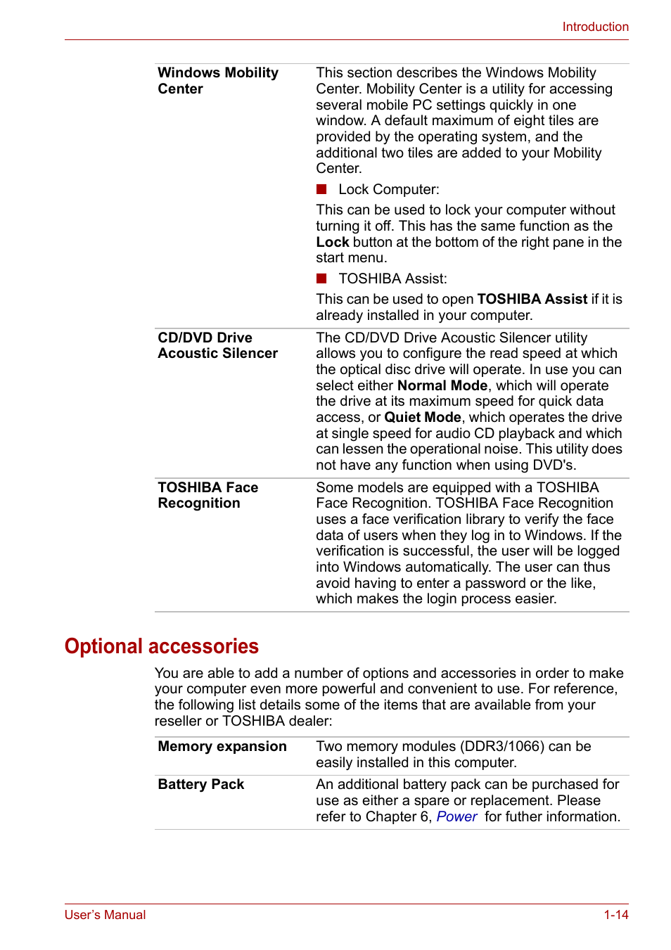 Optional accessories, Optional accessories -14 | Toshiba Qosmio X300 User Manual | Page 35 / 219