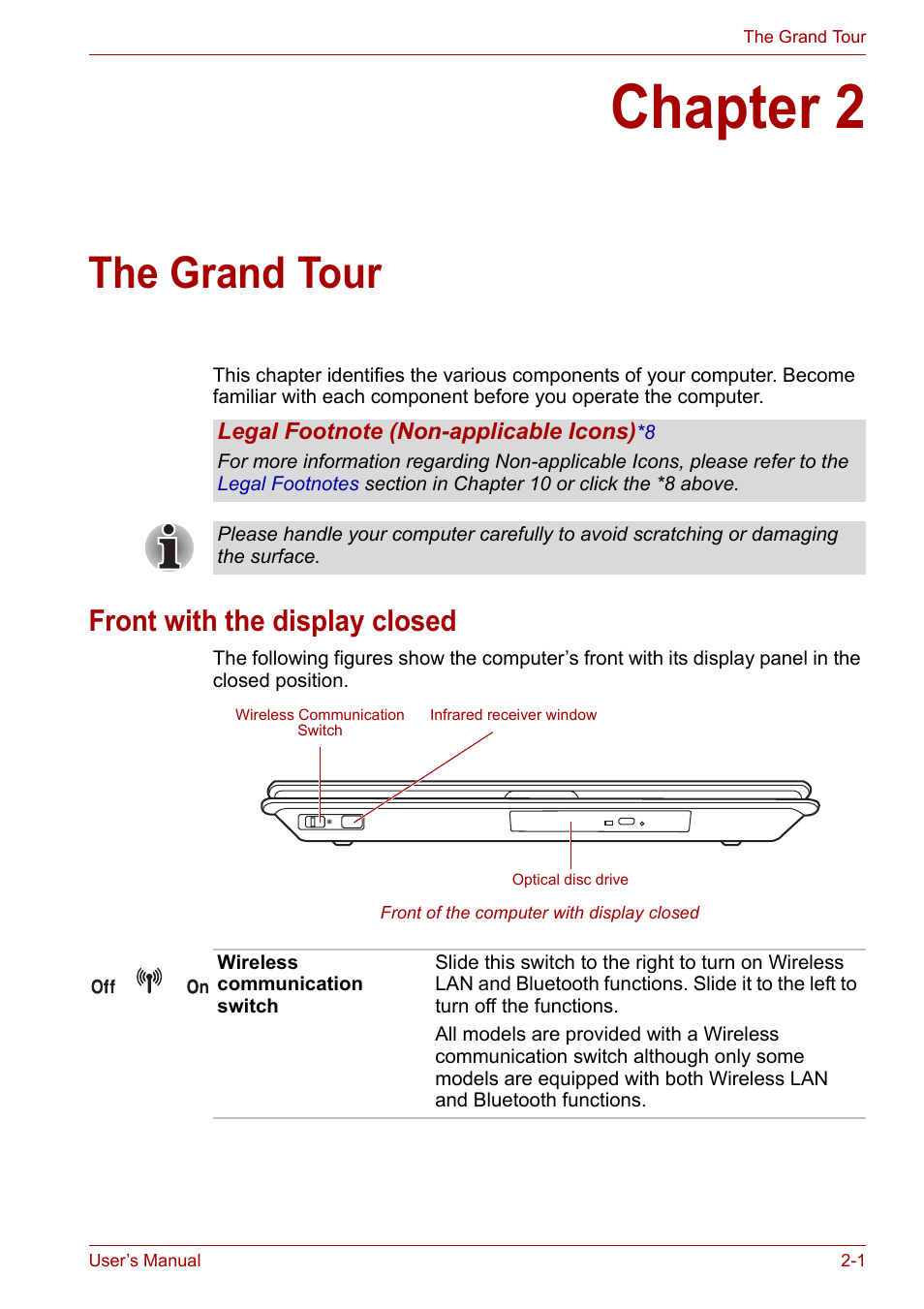 Chapter 2: the grand tour, Front with the display closed, Chapter 2 | The grand tour, Front with the display closed -1, Ter 2, Apter 2, The grand, Tour | Toshiba Qosmio X300 User Manual | Page 37 / 219