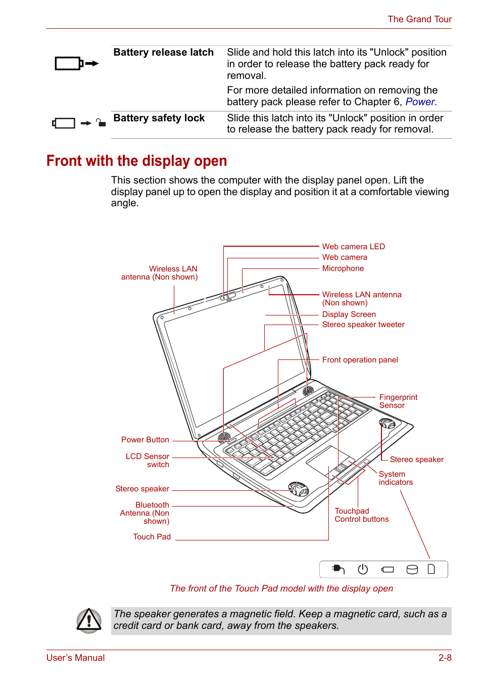 Front with the display open, Front with the display open -8 | Toshiba Qosmio X300 User Manual | Page 44 / 219
