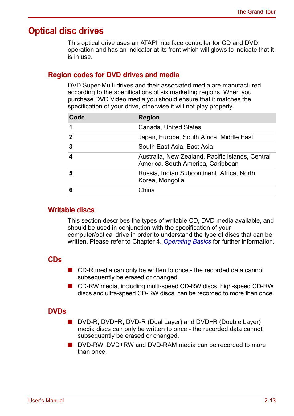 Optical disc drives, Optical disc drives -13, Region codes for dvd drives and media | Writable discs, Dvds | Toshiba Qosmio X300 User Manual | Page 49 / 219