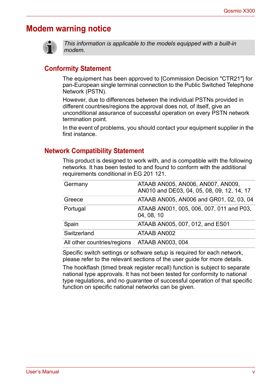 Modem warning notice, Conformity statement, Network compatibility statement | Toshiba Qosmio X300 User Manual | Page 5 / 219