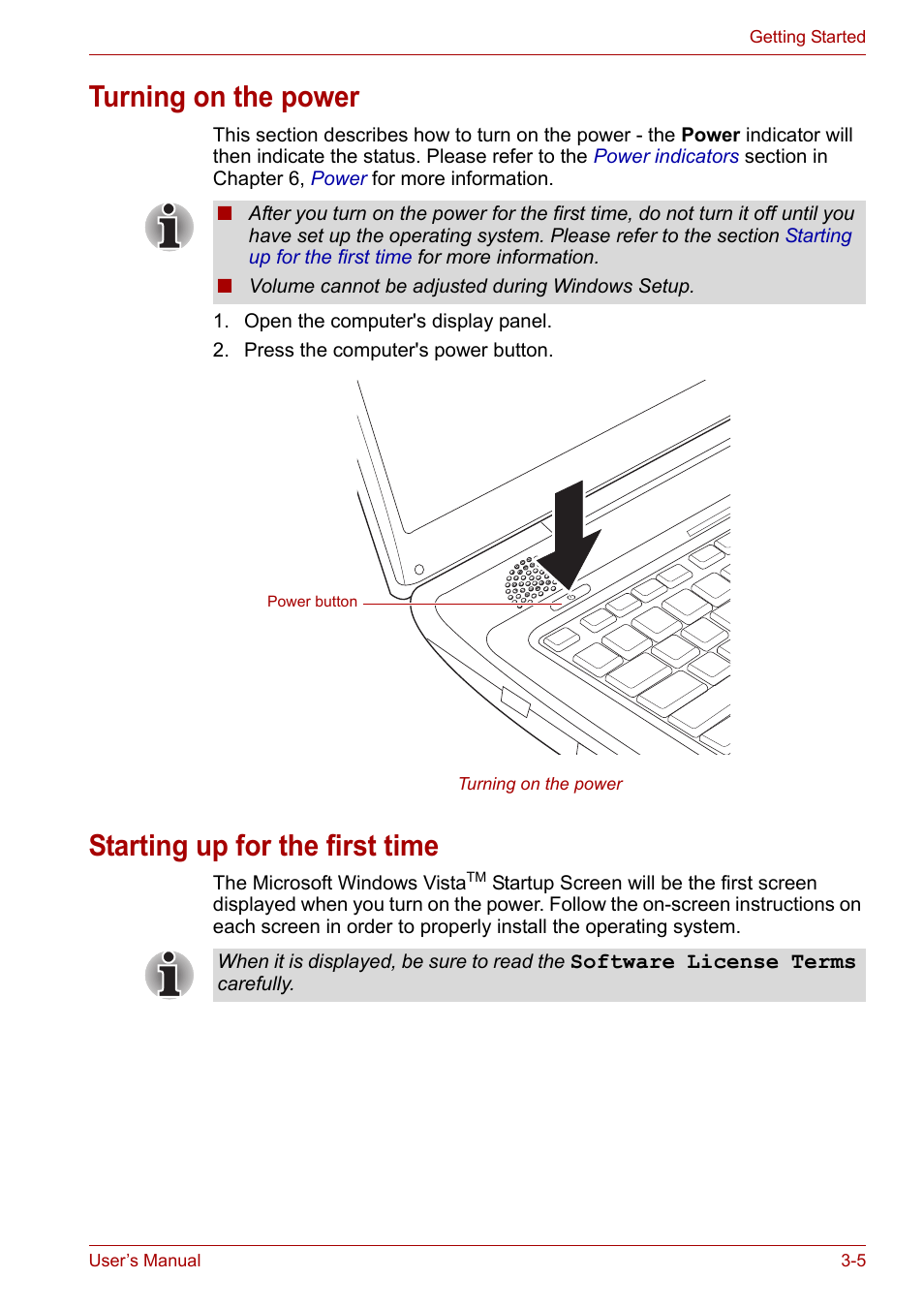 Turning on the power, Starting up for the first time, Starting up for the first | Time | Toshiba Qosmio X300 User Manual | Page 56 / 219