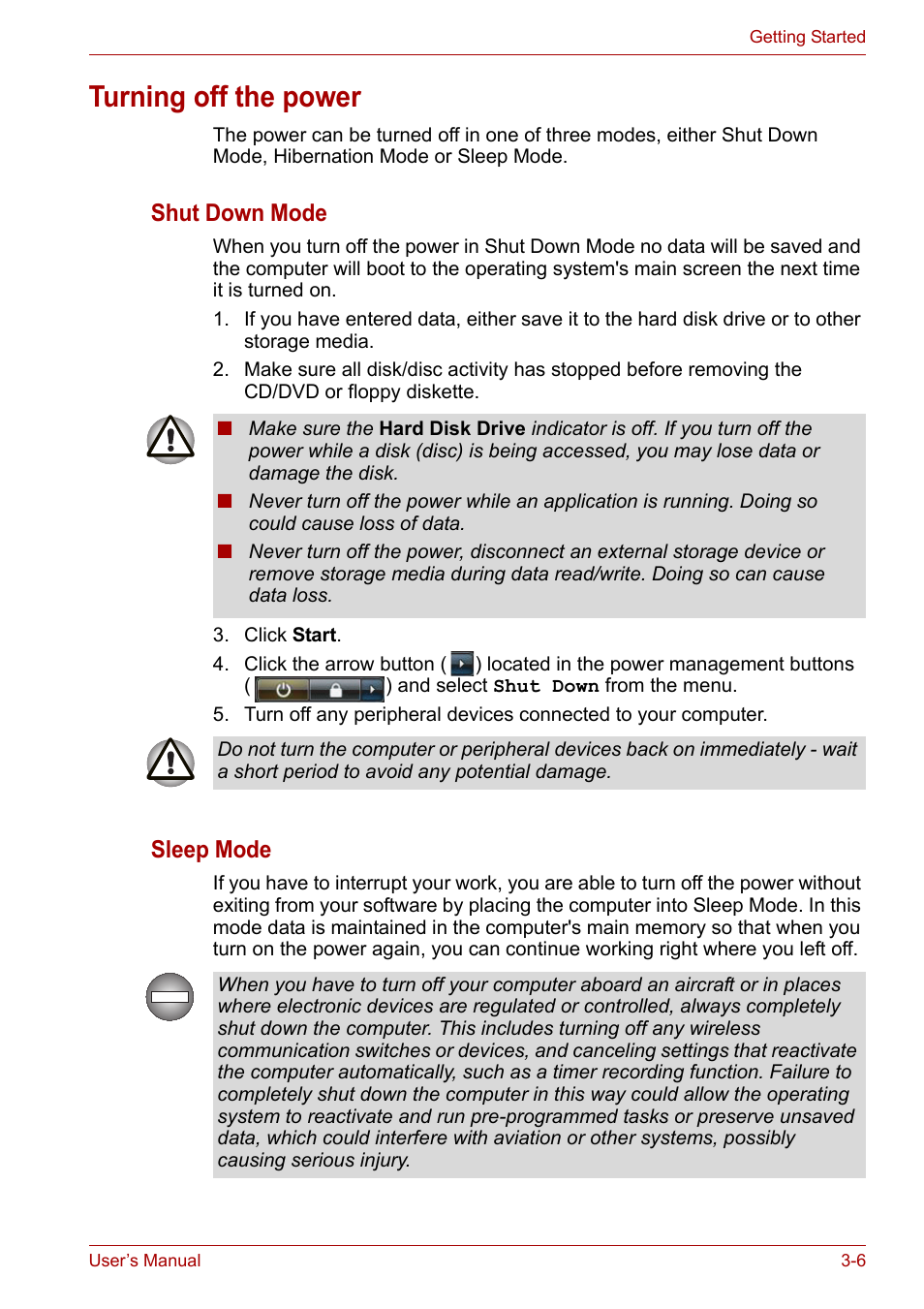 Turning off the power, Turning off the power -6, Shut down mode | Sleep mode | Toshiba Qosmio X300 User Manual | Page 57 / 219