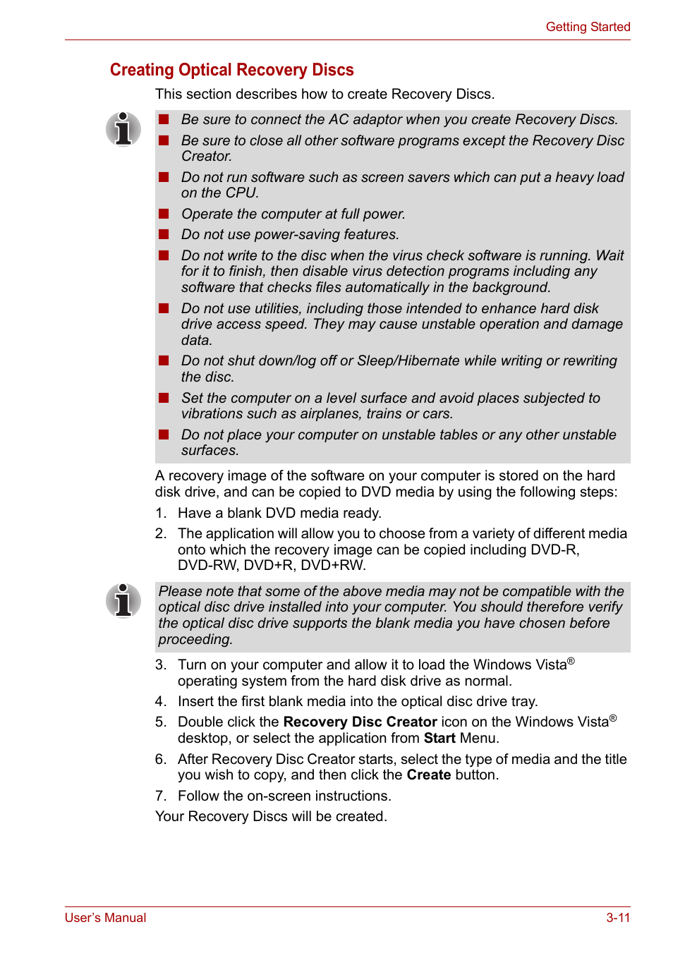 Creating optical recovery discs | Toshiba Qosmio X300 User Manual | Page 62 / 219