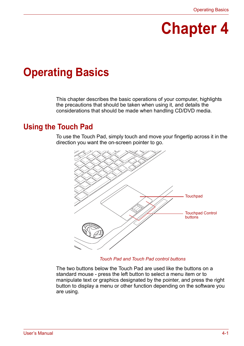 Chapter 4: operating basics, Using the touch pad, Chapter 4 | Operating basics, Using the touch pad -1, Incl, Ter 4, Using the touch | Toshiba Qosmio X300 User Manual | Page 65 / 219