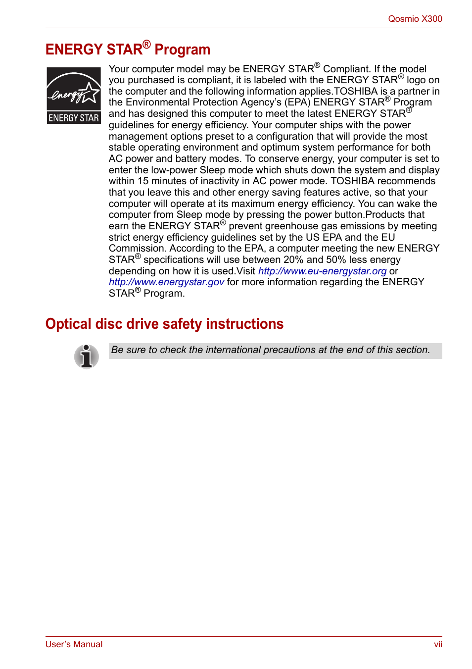 Energy star, Program, Optical disc drive safety instructions | Toshiba Qosmio X300 User Manual | Page 7 / 219