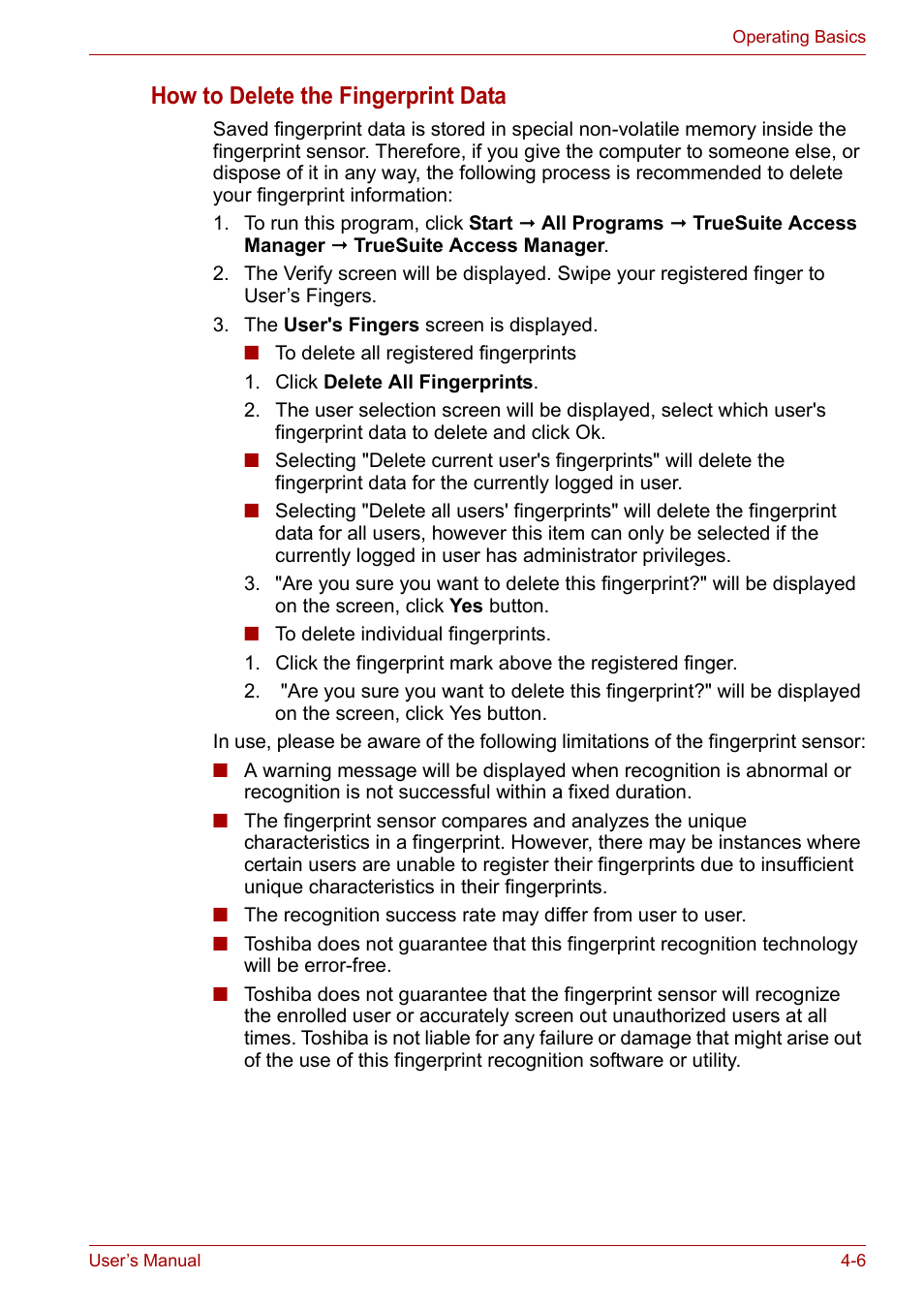 How to delete the fingerprint data | Toshiba Qosmio X300 User Manual | Page 70 / 219