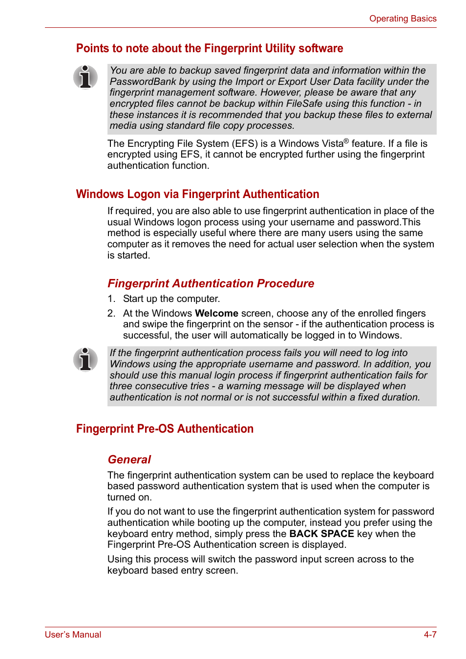 Windows logon via fingerprint authentication, Fingerprint pre-os authentication | Toshiba Qosmio X300 User Manual | Page 71 / 219