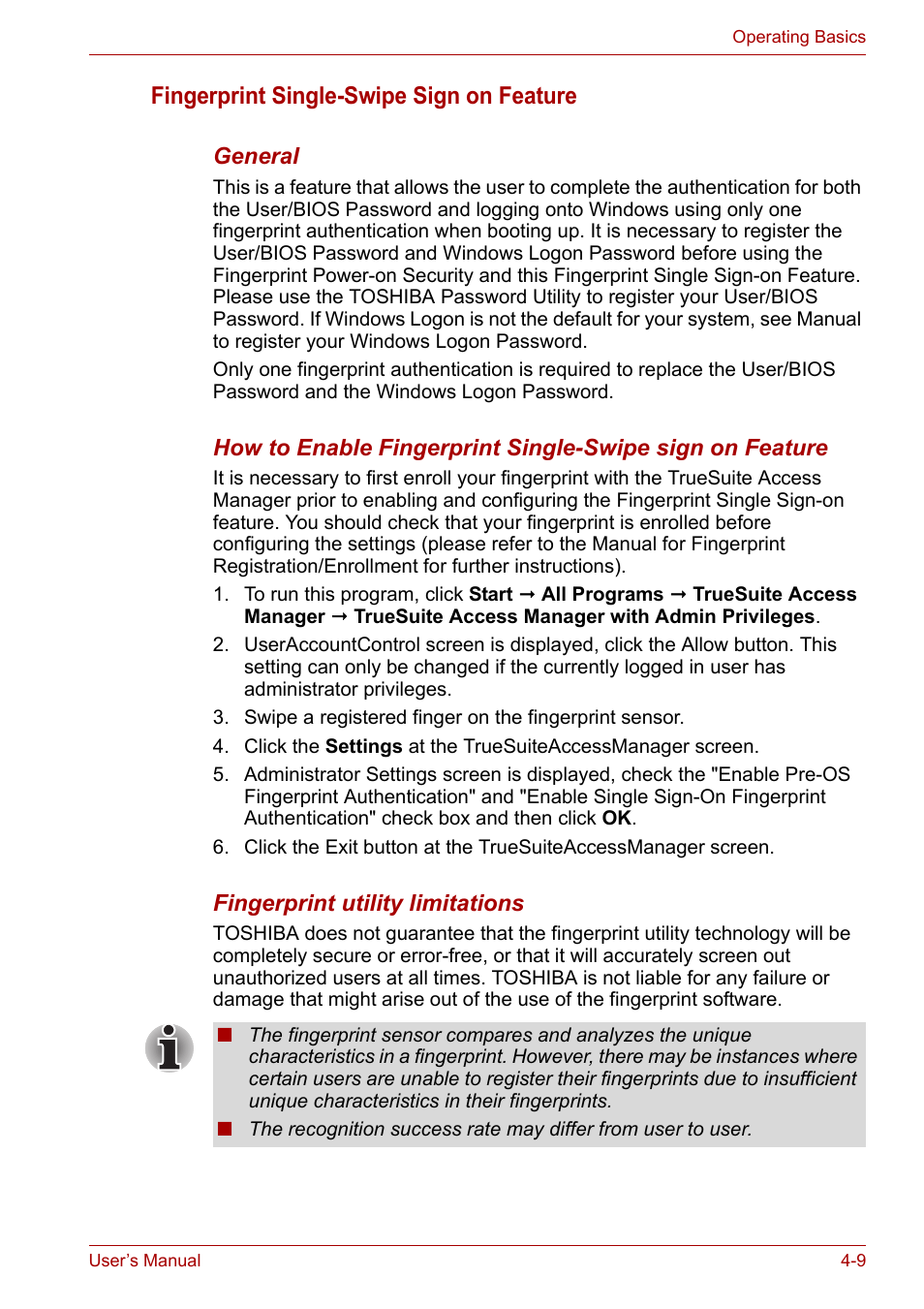 Fingerprint single-swipe sign on feature | Toshiba Qosmio X300 User Manual | Page 73 / 219