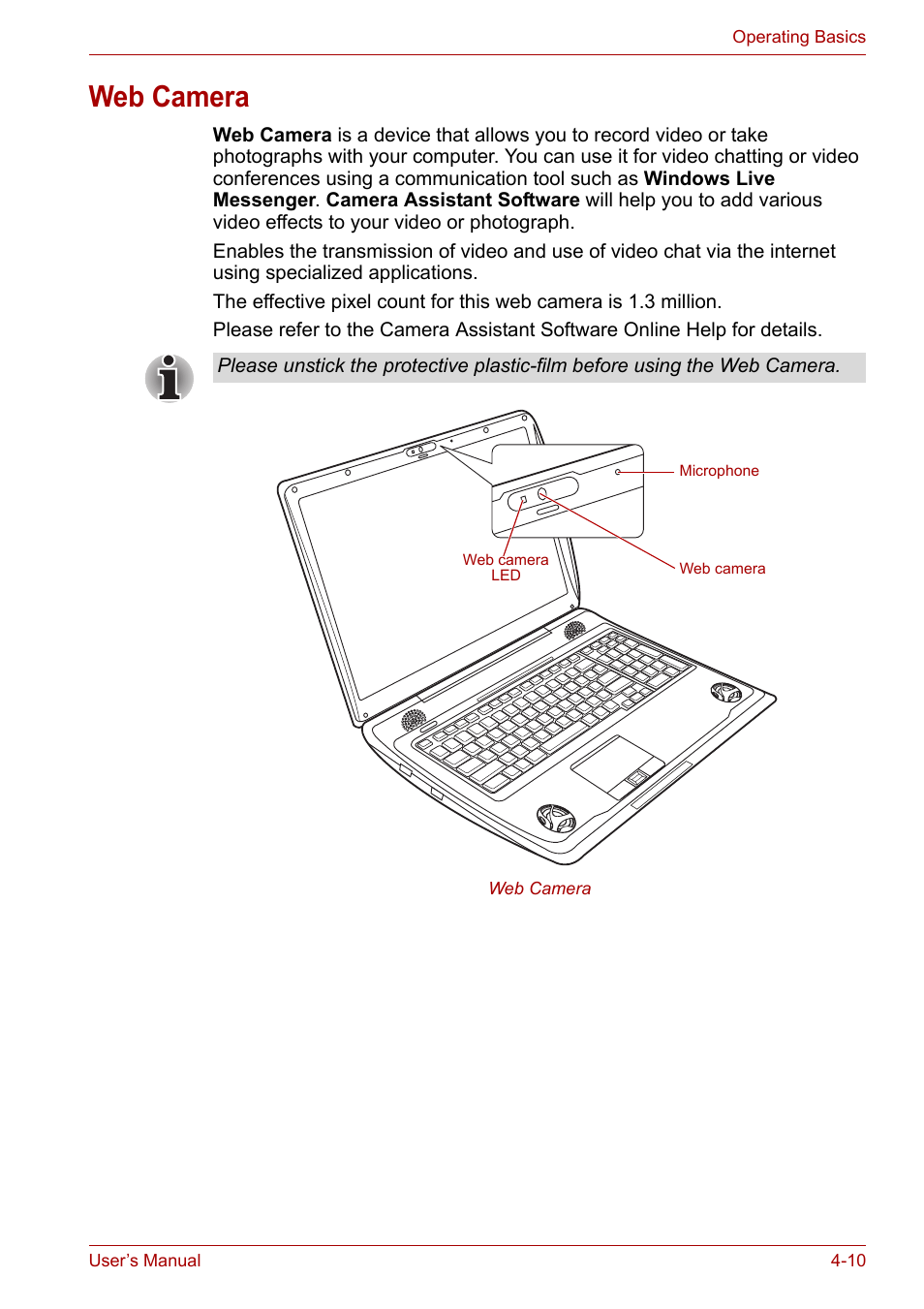 Web camera, Web camera -10, Section in | Toshiba Qosmio X300 User Manual | Page 74 / 219