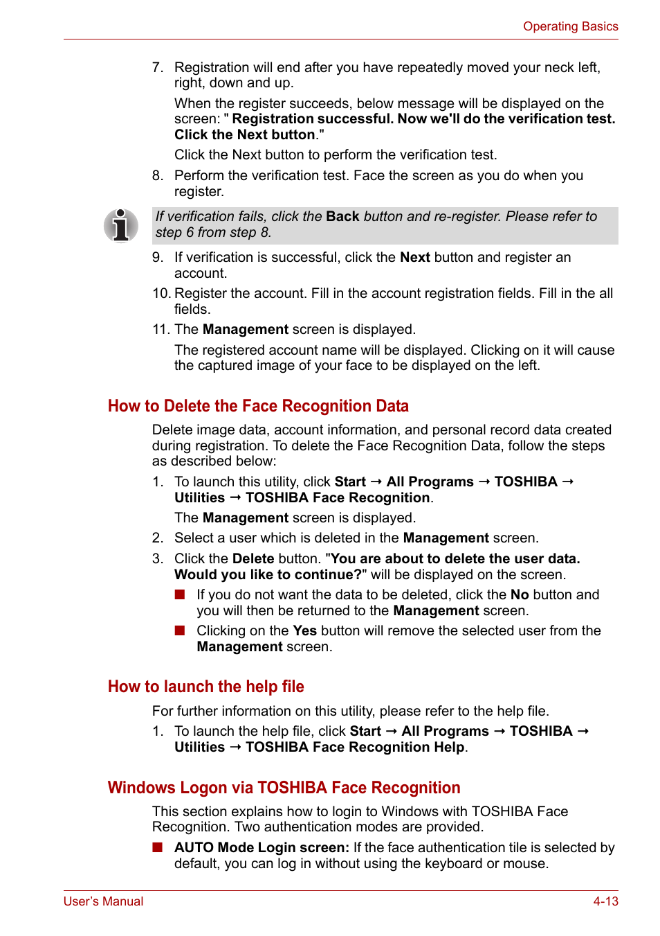 How to delete the face recognition data, How to launch the help file, Windows logon via toshiba face recognition | Toshiba Qosmio X300 User Manual | Page 77 / 219