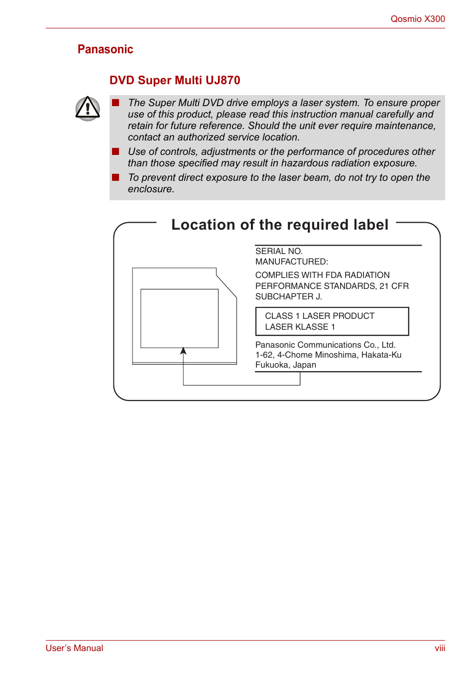 Location of the required label, Panasonic | Toshiba Qosmio X300 User Manual | Page 8 / 219