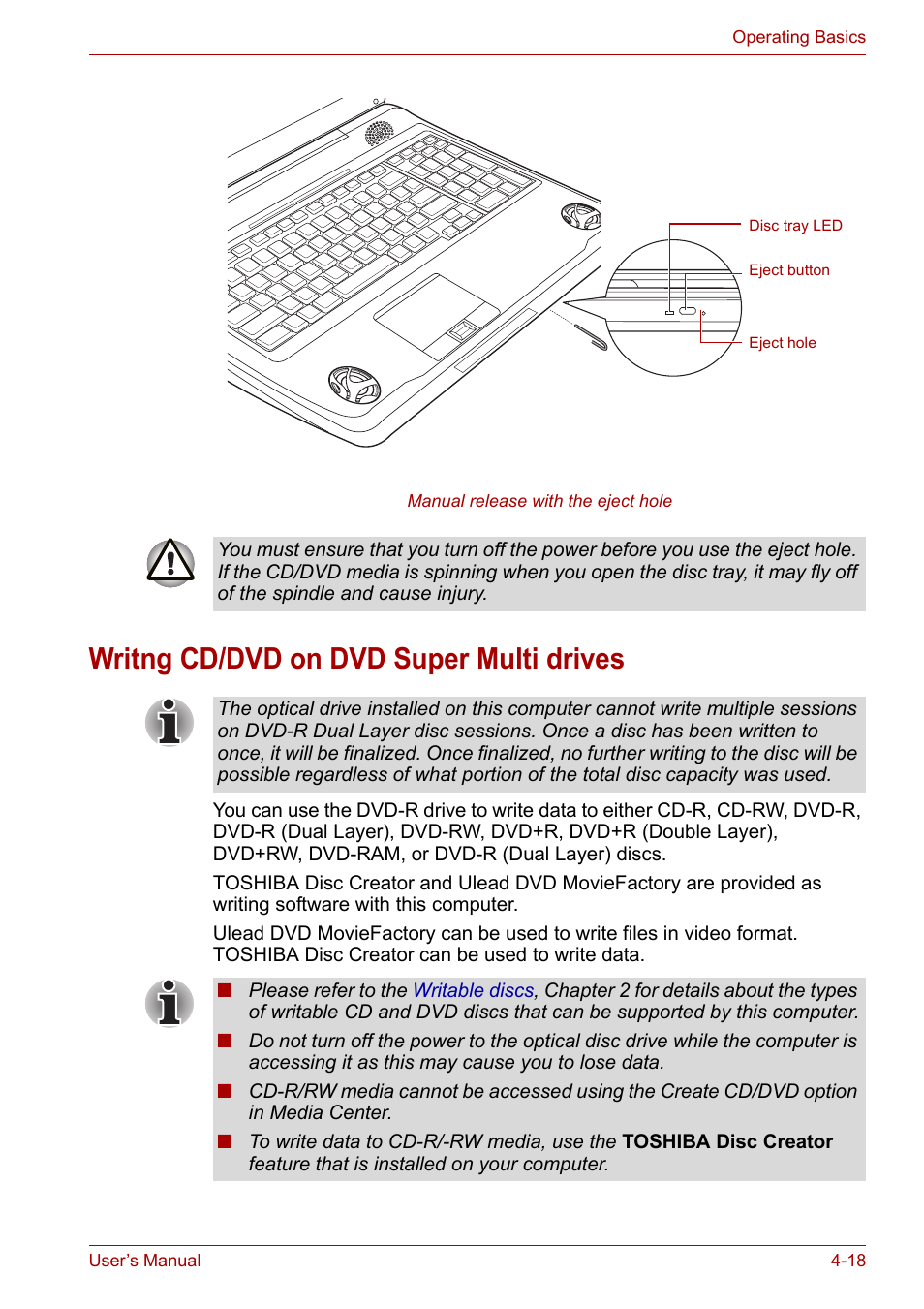 Writng cd/dvd on dvd super multi drives, Writng cd/dvd on dvd super multi drives -18 | Toshiba Qosmio X300 User Manual | Page 82 / 219