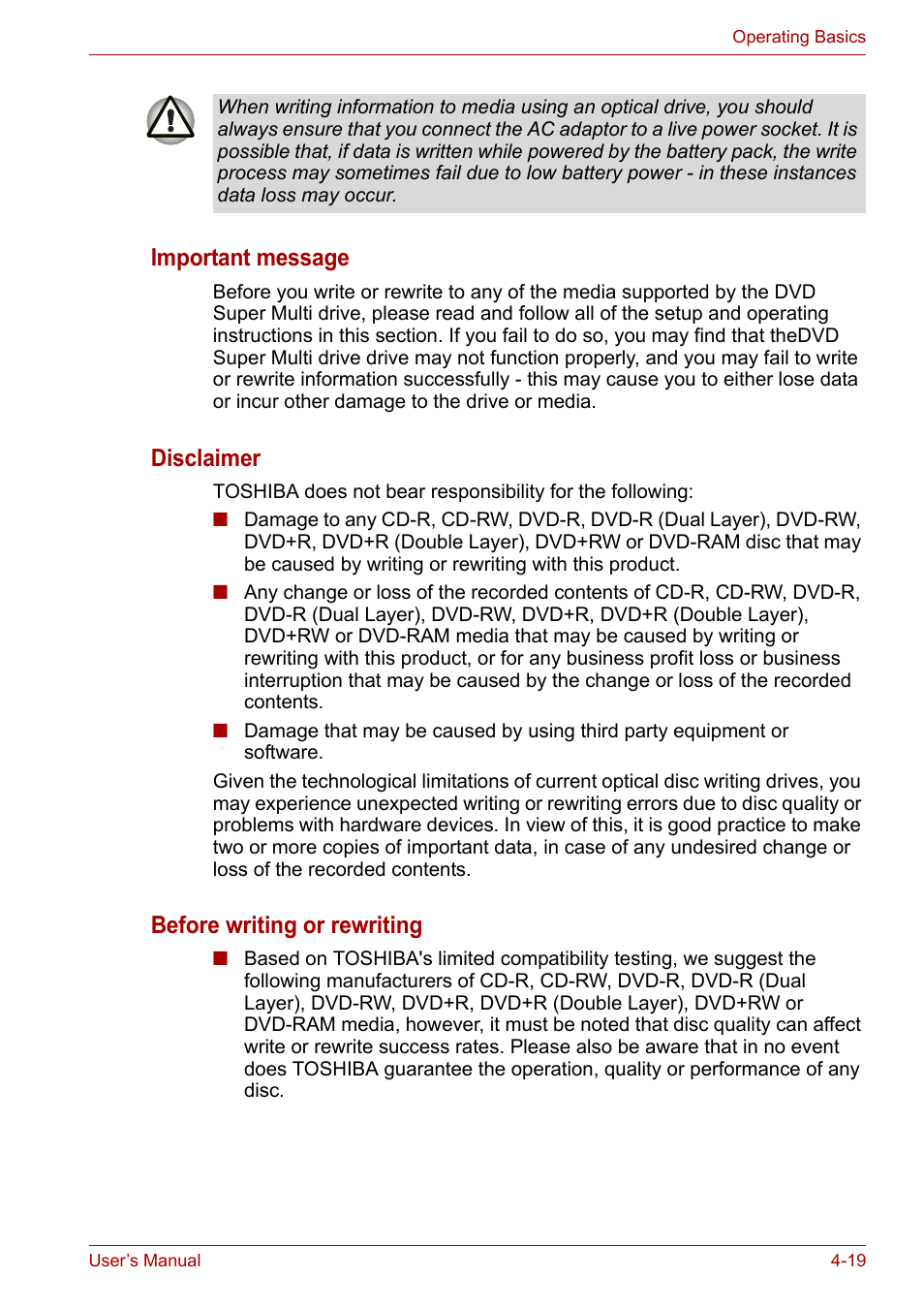 Important message, Disclaimer, Before writing or rewriting | Toshiba Qosmio X300 User Manual | Page 83 / 219