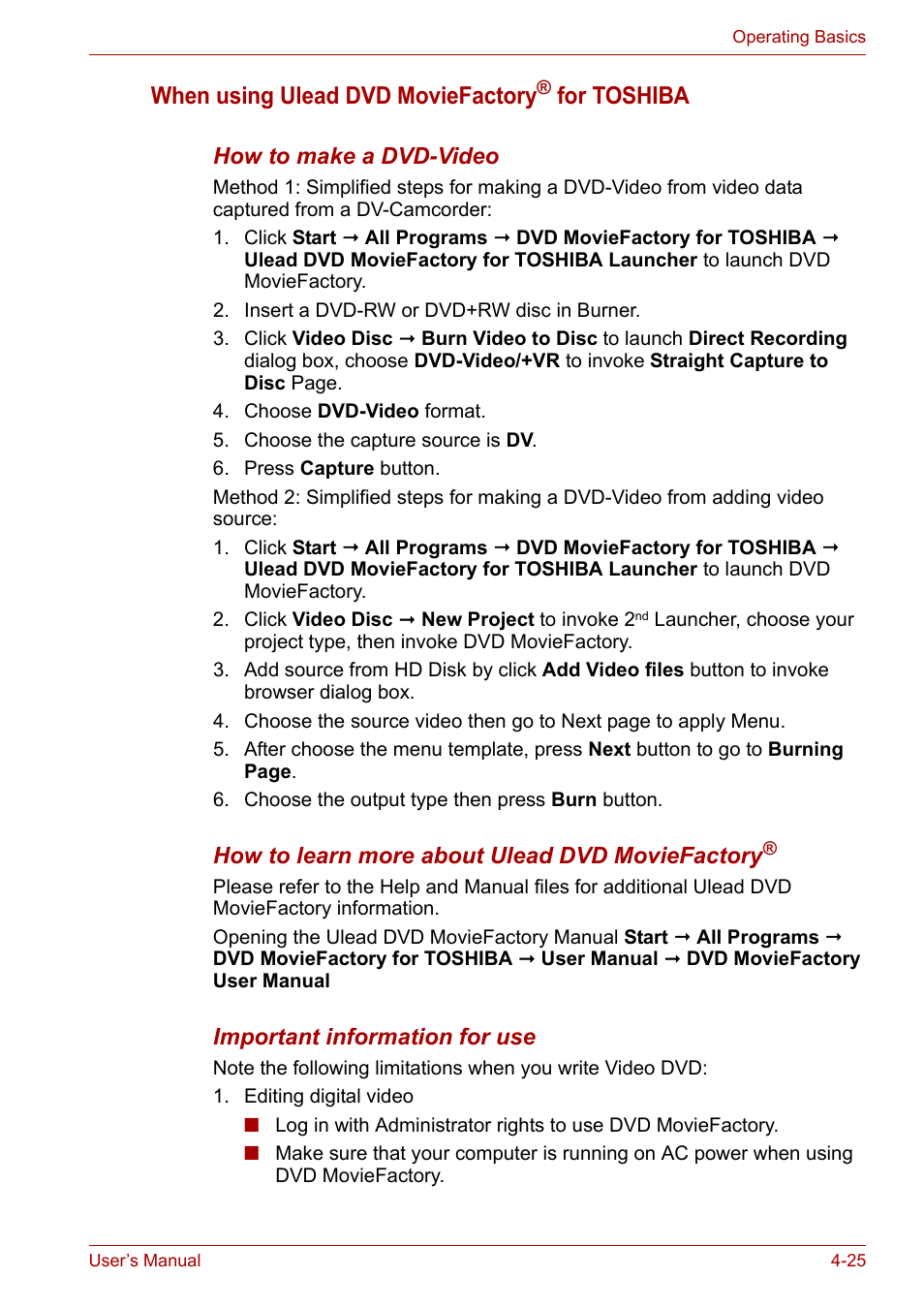 When using ulead dvd moviefactory, For toshiba | Toshiba Qosmio X300 User Manual | Page 89 / 219