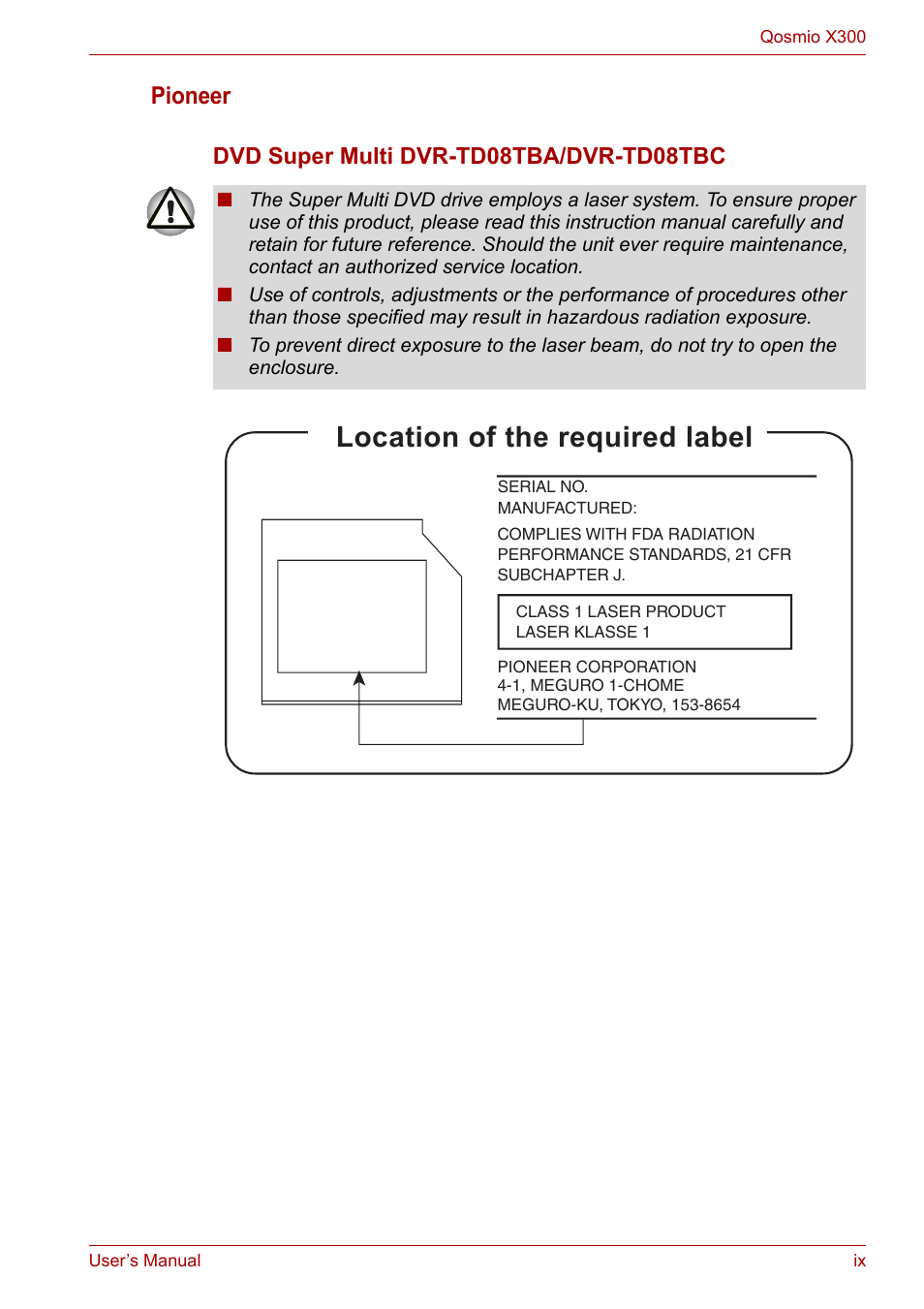 Location of the required label, Pioneer | Toshiba Qosmio X300 User Manual | Page 9 / 219