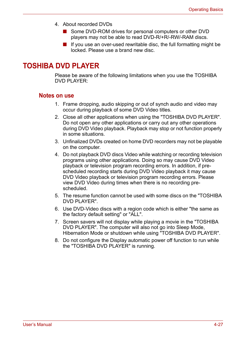 Toshiba dvd player, Toshiba dvd player -27 | Toshiba Qosmio X300 User Manual | Page 91 / 219