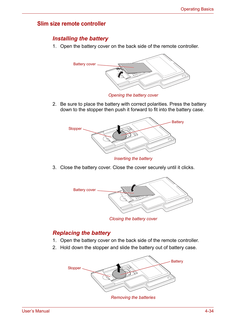Slim size remote controller, Installing the battery, Replacing the battery | Toshiba Qosmio X300 User Manual | Page 98 / 219