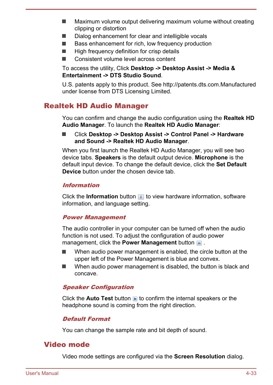 Realtek hd audio manager, Video mode | Toshiba Satellite Z30-A User Manual | Page 100 / 161
