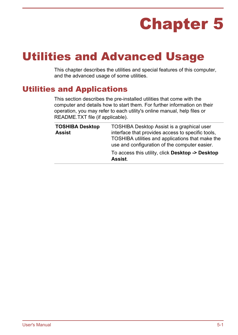 Chapter 5 utilities and advanced usage, Utilities and applications, Chapter 5 | Utilities and advanced usage, Utilities and applications -1 | Toshiba Satellite Z30-A User Manual | Page 102 / 161