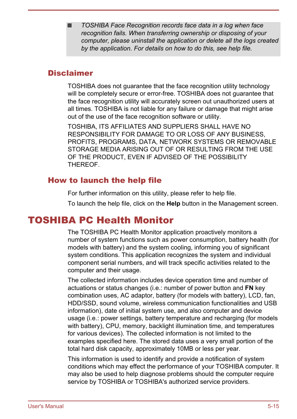 Disclaimer, How to launch the help file, Toshiba pc health monitor | Toshiba pc health monitor -15 | Toshiba Satellite Z30-A User Manual | Page 116 / 161