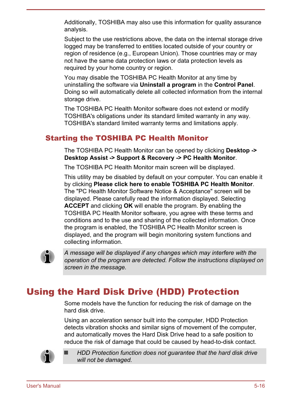Starting the toshiba pc health monitor, Using the hard disk drive (hdd) protection, Using the hard disk drive (hdd) protection -16 | Toshiba Satellite Z30-A User Manual | Page 117 / 161