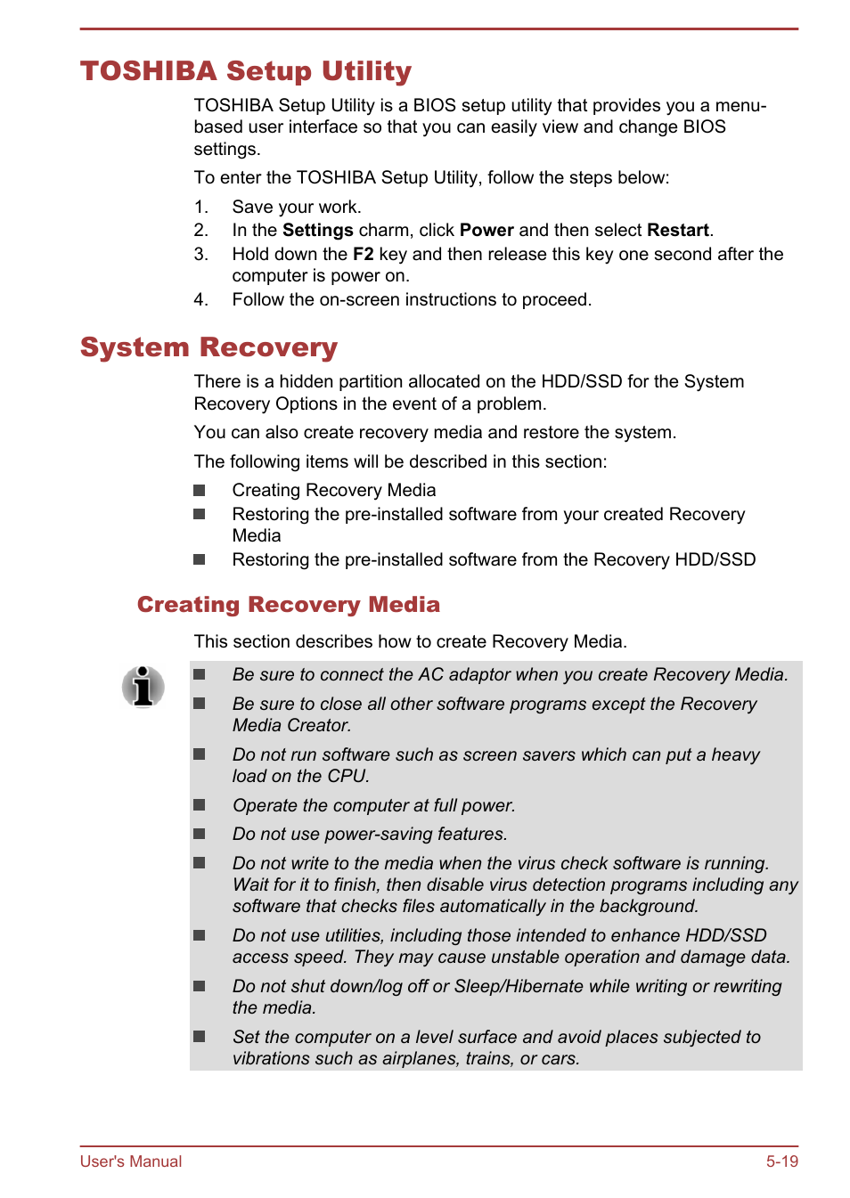 Toshiba setup utility, System recovery, Creating recovery media | Toshiba setup utility -19 system recovery -19 | Toshiba Satellite Z30-A User Manual | Page 120 / 161