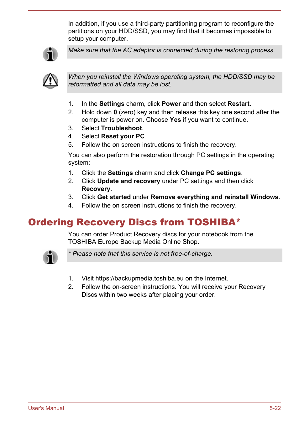 Ordering recovery discs from toshiba, Ordering recovery discs from toshiba* -22 | Toshiba Satellite Z30-A User Manual | Page 123 / 161