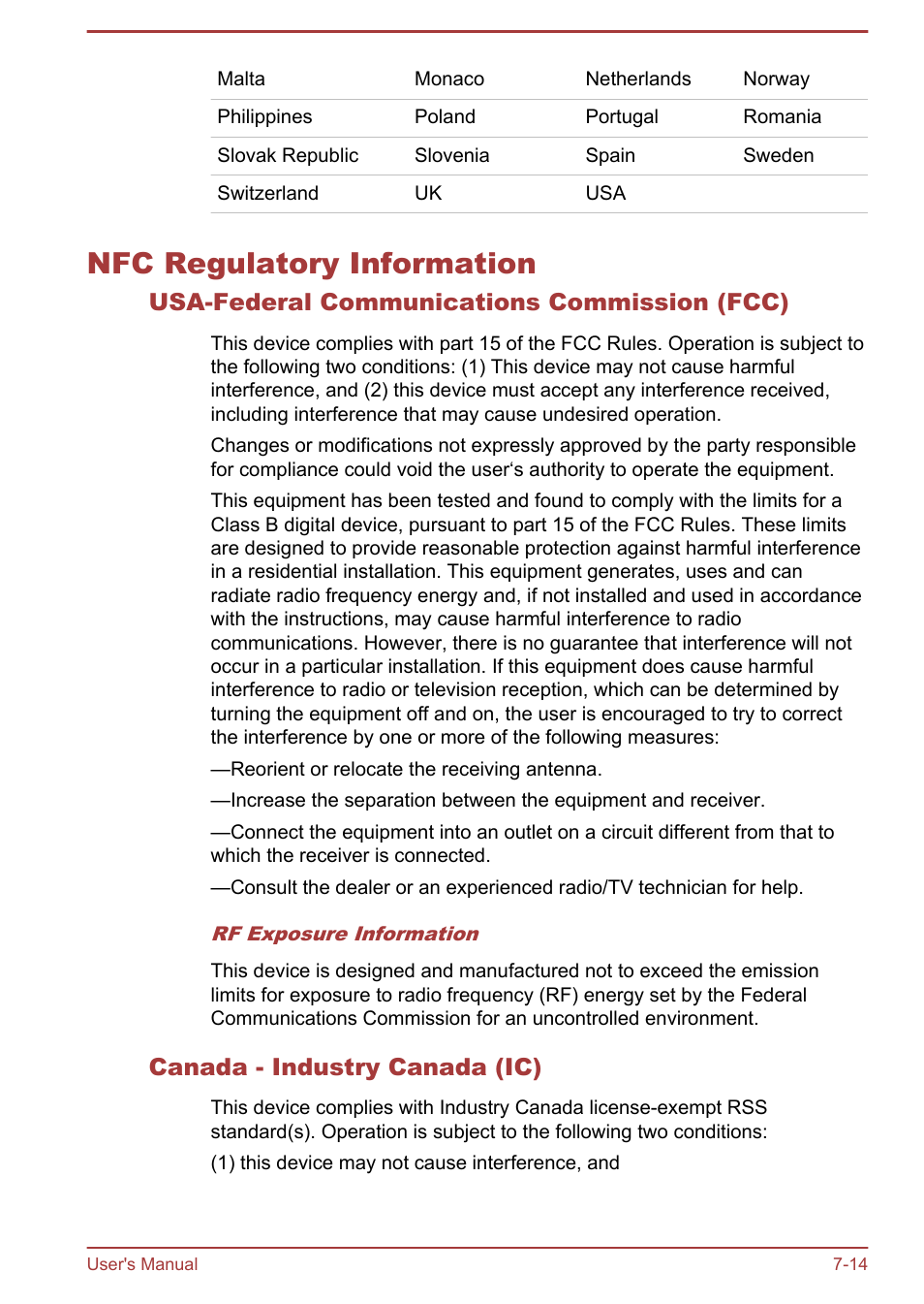 Nfc regulatory information, Usa-federal communications commission (fcc), Canada - industry canada (ic) | Nfc regulatory information -14 | Toshiba Satellite Z30-A User Manual | Page 152 / 161