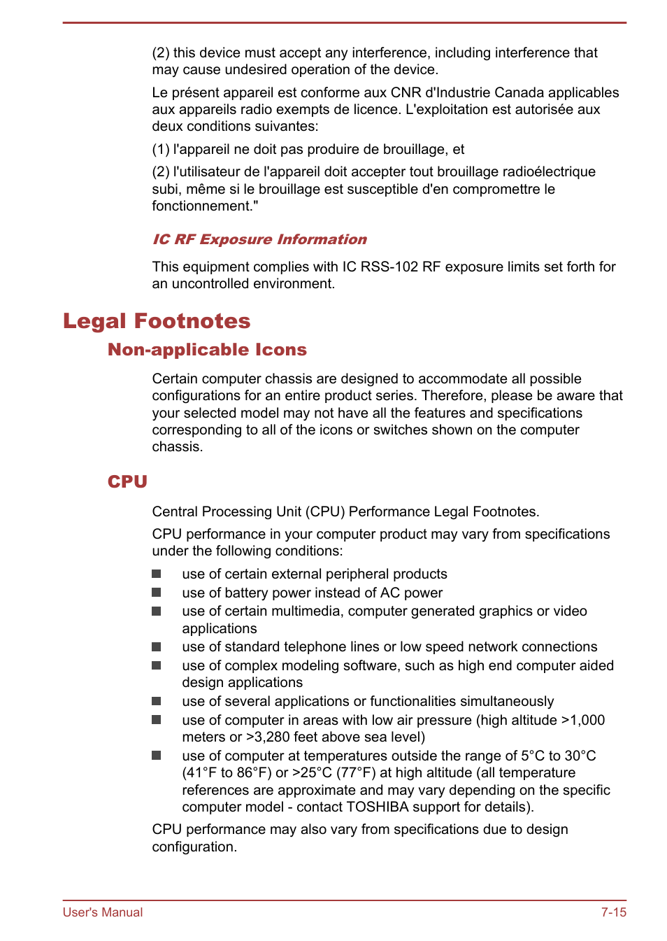 Legal footnotes, Non-applicable icons, Legal footnotes -15 | Legal, Footnotes, Section | Toshiba Satellite Z30-A User Manual | Page 153 / 161