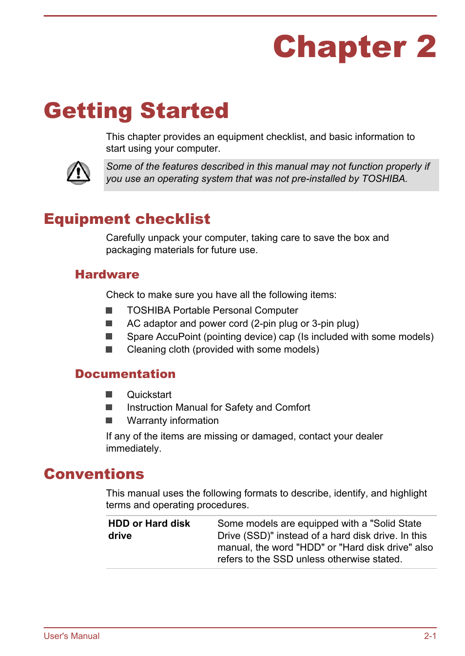 Chapter 2 getting started, Equipment checklist, Hardware | Documentation, Conventions, Chapter 2, Getting started, Equipment checklist -1 conventions -1 | Toshiba Satellite Z30-A User Manual | Page 21 / 161