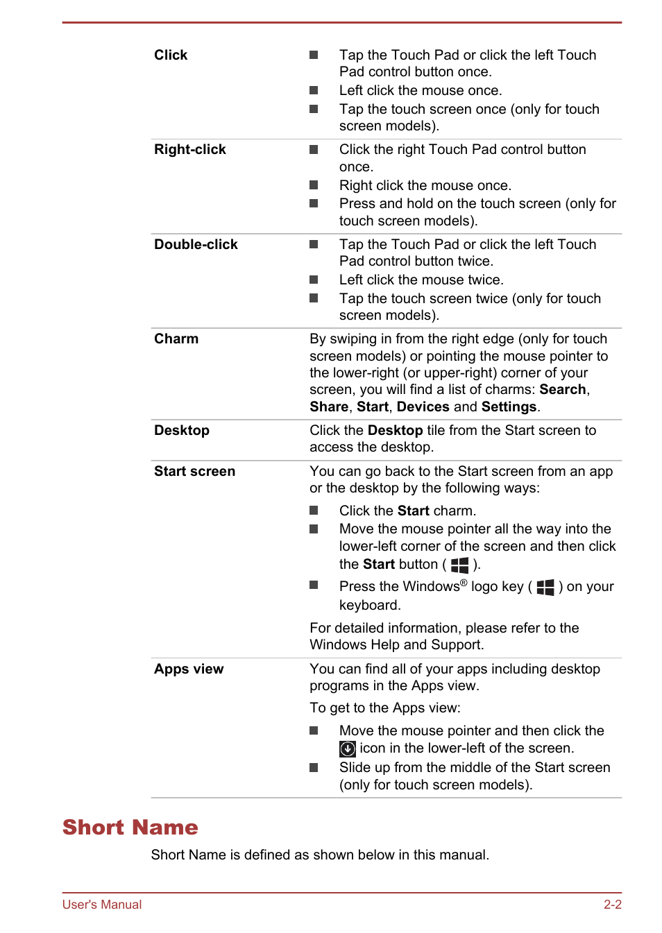 Short name, Short name -2 | Toshiba Satellite Z30-A User Manual | Page 22 / 161