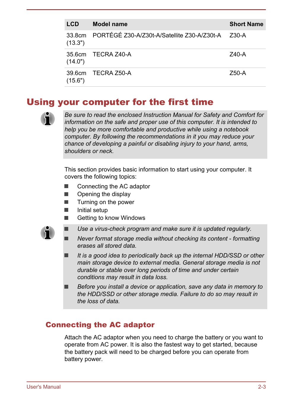 Using your computer for the first time, Connecting the ac adaptor, Using your computer for the first time -3 | Toshiba Satellite Z30-A User Manual | Page 23 / 161