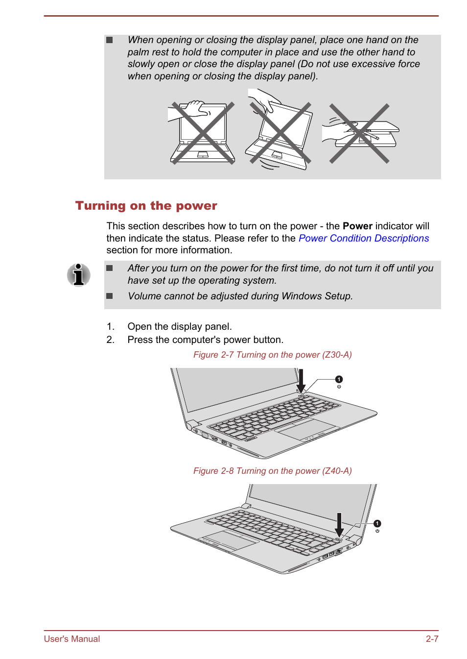 Turning on the power | Toshiba Satellite Z30-A User Manual | Page 27 / 161