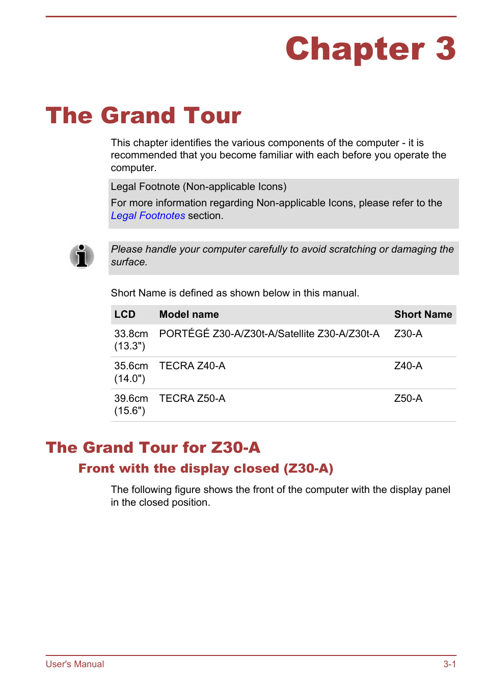 Chapter 3 the grand tour, The grand tour for z30-a, Front with the display closed (z30-a) | Chapter 3, The grand tour, The grand tour for z30-a -1 | Toshiba Satellite Z30-A User Manual | Page 34 / 161