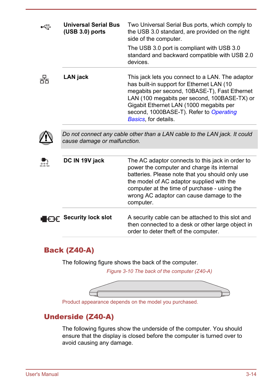 Back (z40-a), Underside (z40-a) | Toshiba Satellite Z30-A User Manual | Page 47 / 161