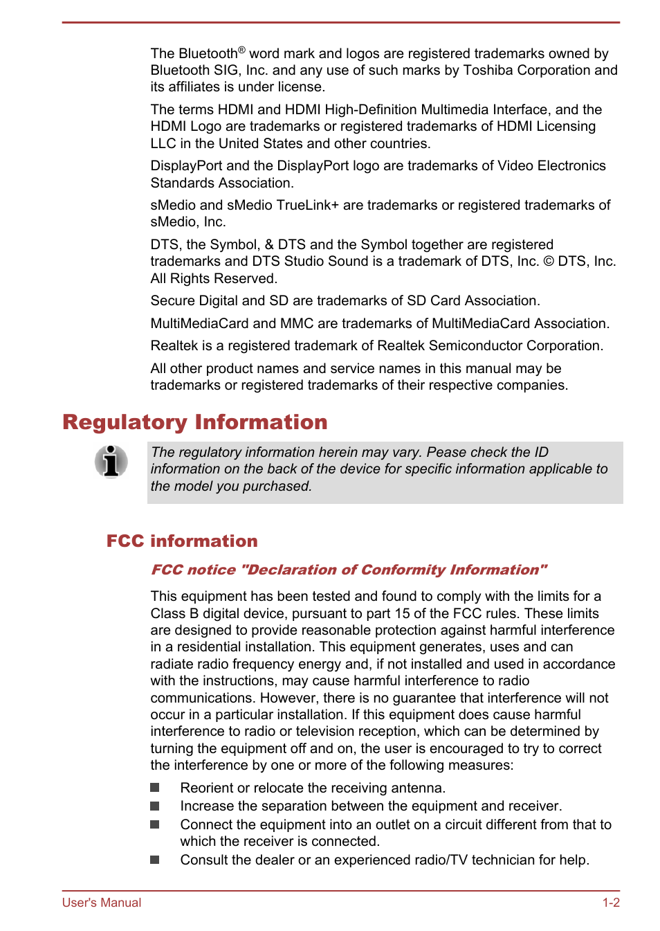 Regulatory information, Fcc information, Regulatory information -2 | Toshiba Satellite Z30-A User Manual | Page 5 / 161