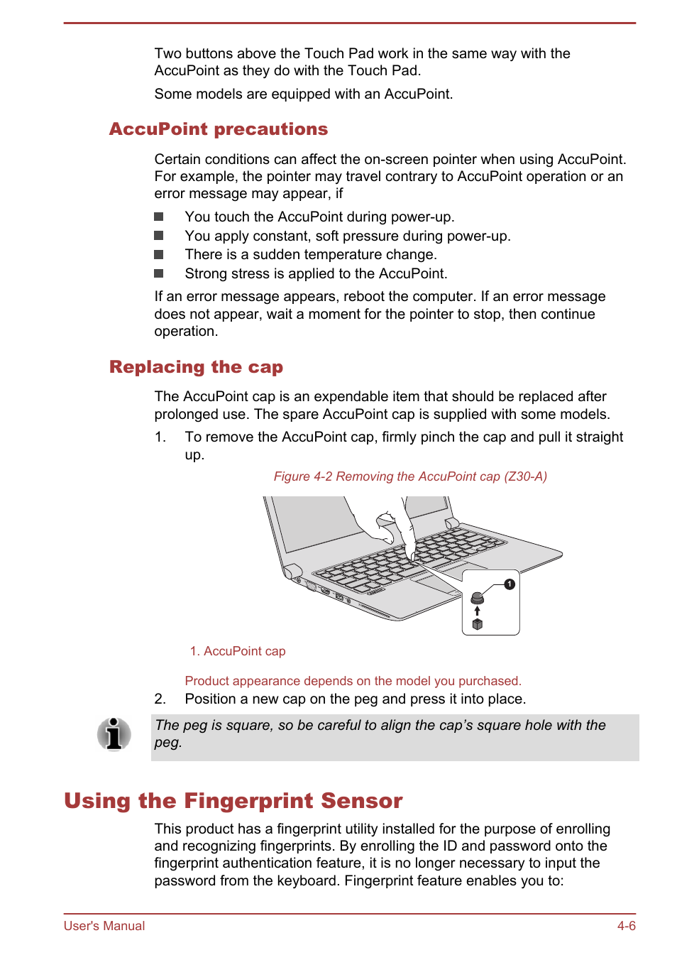 Accupoint precautions, Replacing the cap, Using the fingerprint sensor | Using the fingerprint sensor -6 | Toshiba Satellite Z30-A User Manual | Page 73 / 161