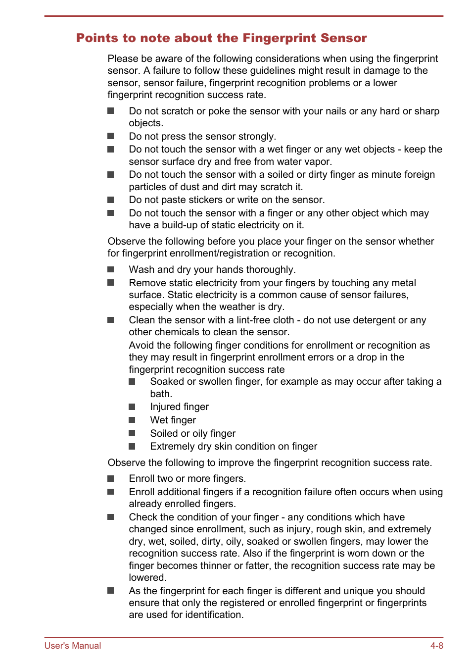 Points to note about the fingerprint sensor | Toshiba Satellite Z30-A User Manual | Page 75 / 161