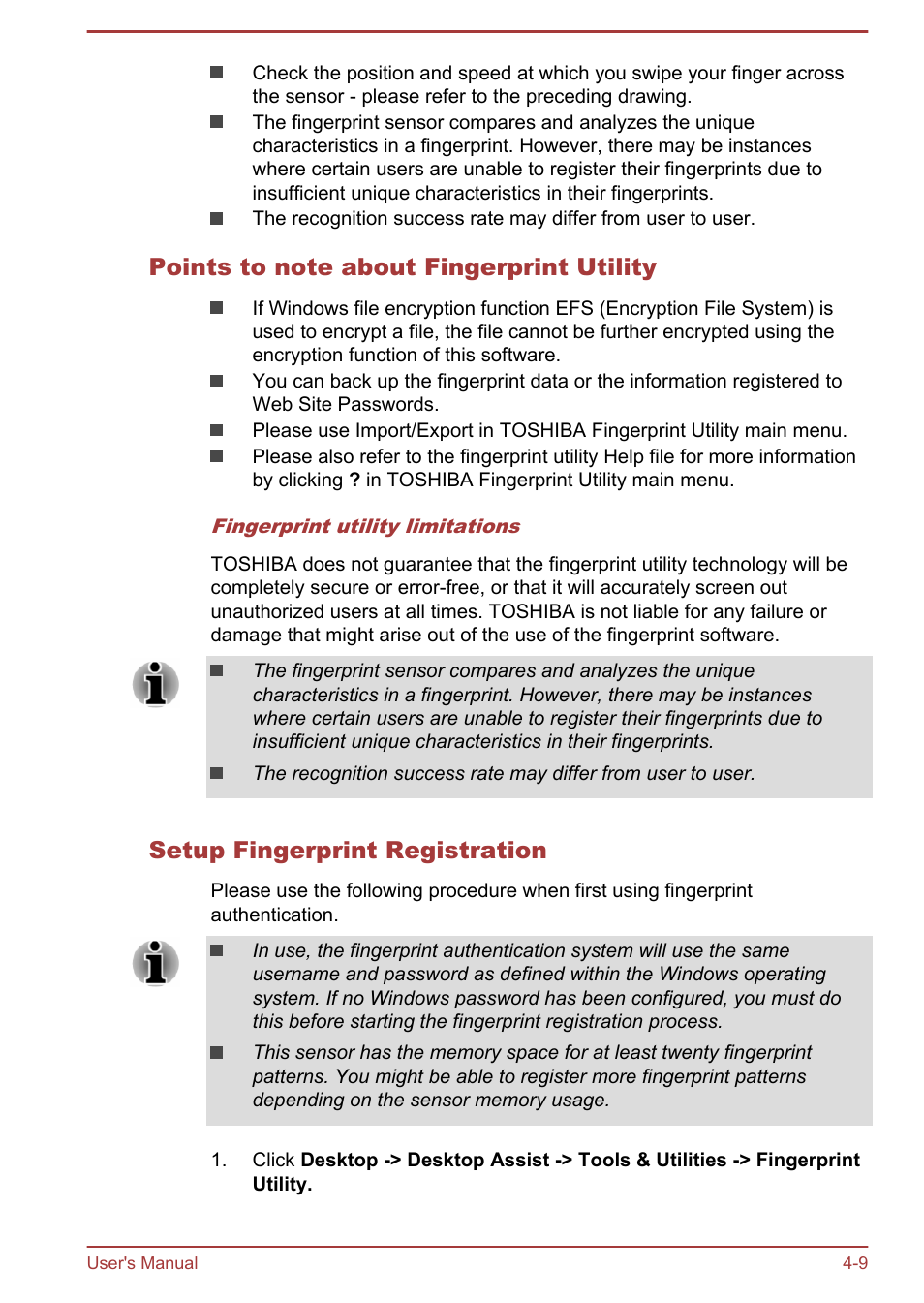 Points to note about fingerprint utility, Setup fingerprint registration | Toshiba Satellite Z30-A User Manual | Page 76 / 161
