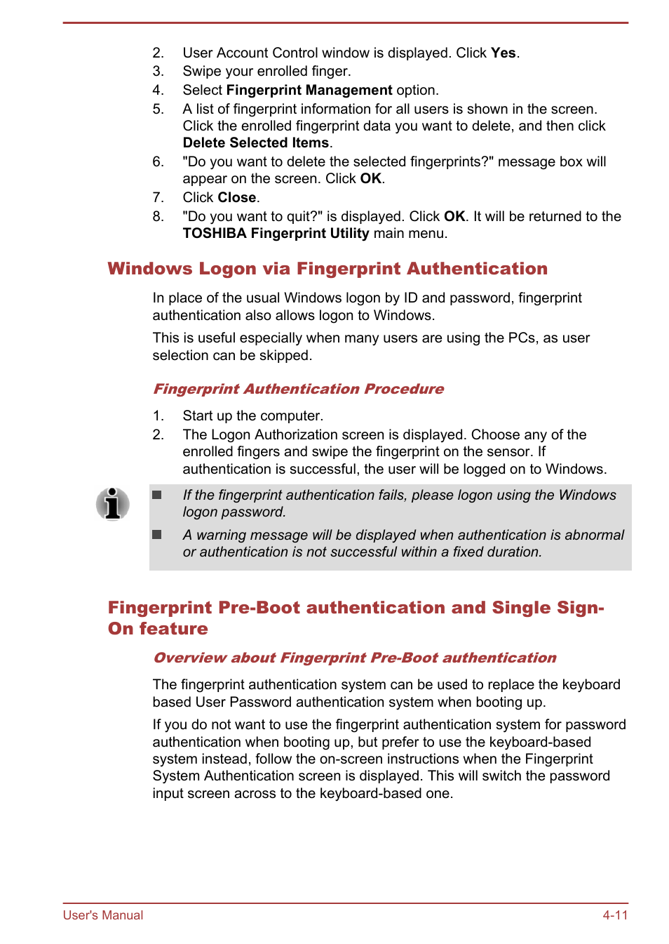 Windows logon via fingerprint authentication | Toshiba Satellite Z30-A User Manual | Page 78 / 161