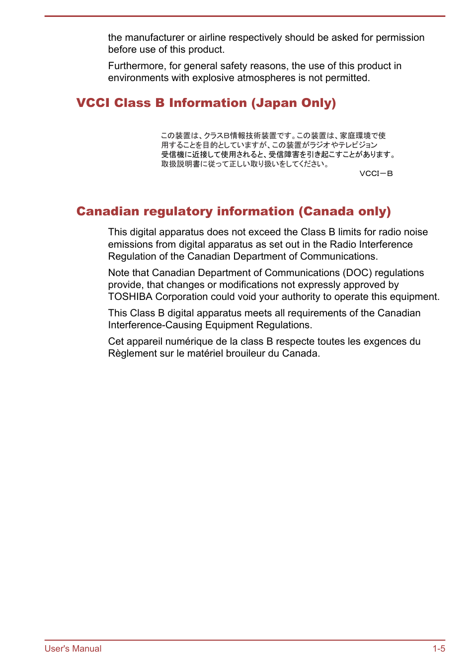 Vcci class b information (japan only), Canadian regulatory information (canada only) | Toshiba Satellite Z30-A User Manual | Page 8 / 161