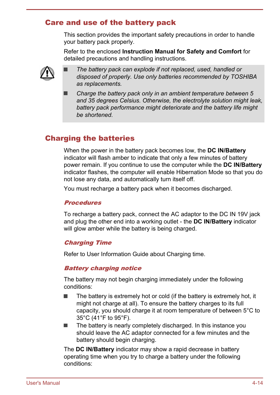 Care and use of the battery pack, Charging the batteries | Toshiba Satellite Z30-A User Manual | Page 81 / 161