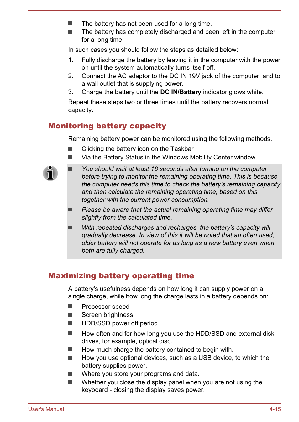 Monitoring battery capacity, Maximizing battery operating time | Toshiba Satellite Z30-A User Manual | Page 82 / 161