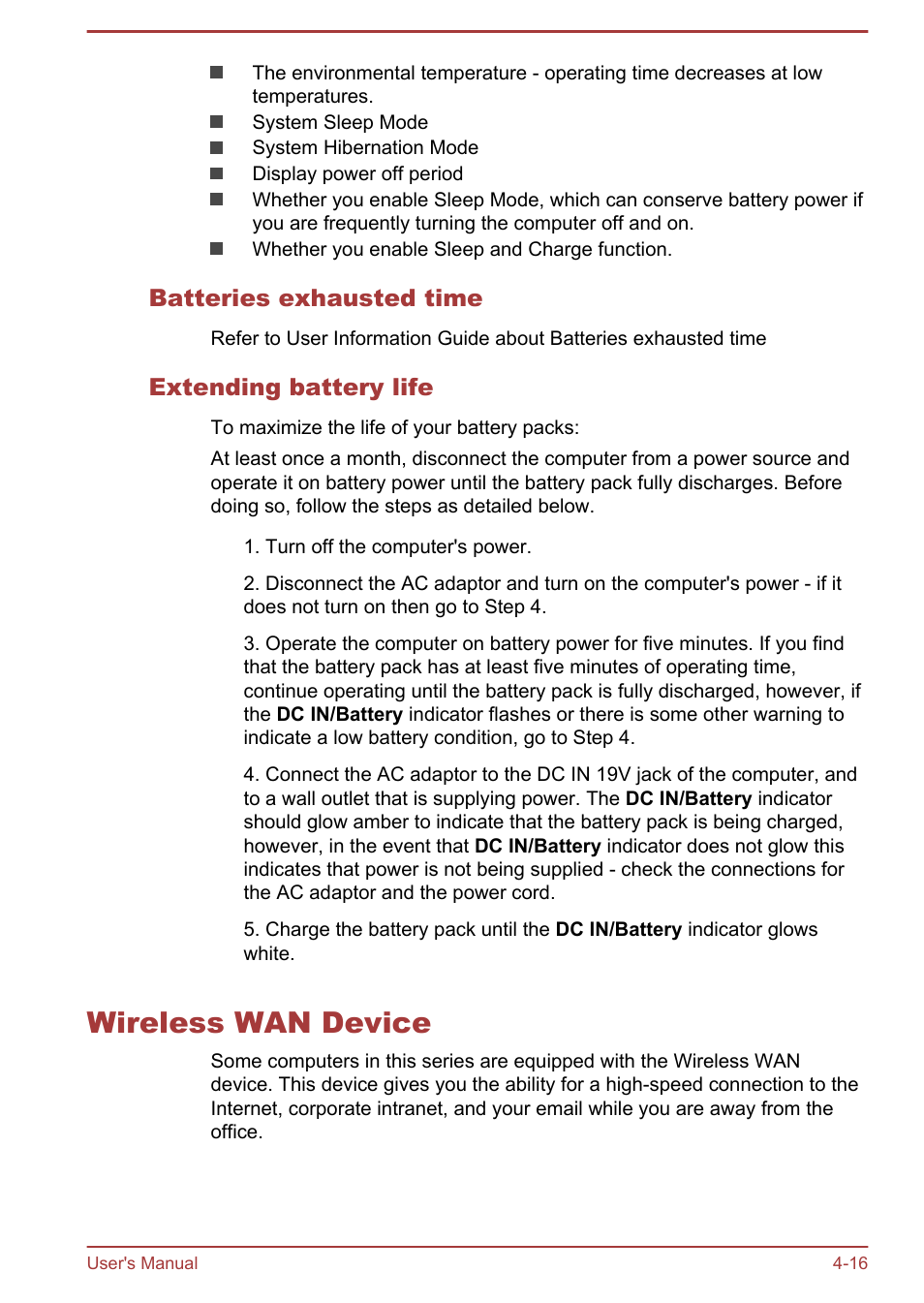 Batteries exhausted time, Extending battery life, Wireless wan device | Wireless wan device -16 | Toshiba Satellite Z30-A User Manual | Page 83 / 161