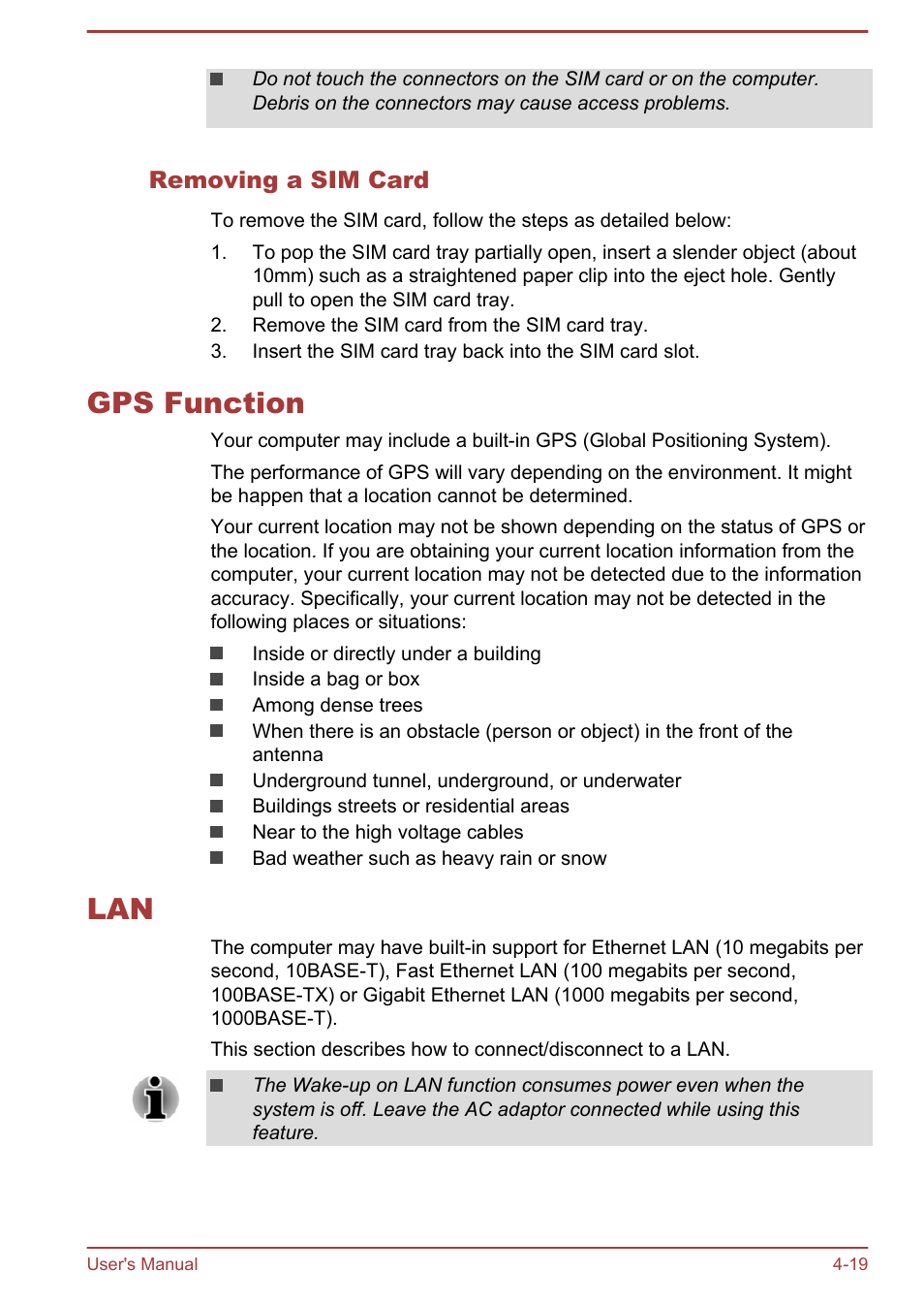 Removing a sim card, Gps function, Gps function -19 lan -19 | Toshiba Satellite Z30-A User Manual | Page 86 / 161
