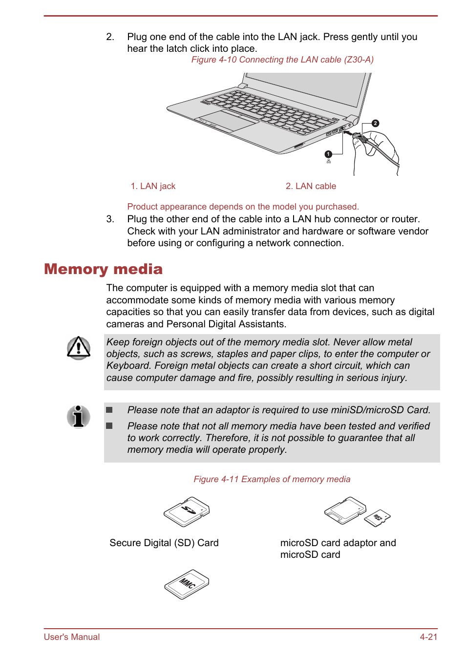 Memory media, Memory media -21 | Toshiba Satellite Z30-A User Manual | Page 88 / 161