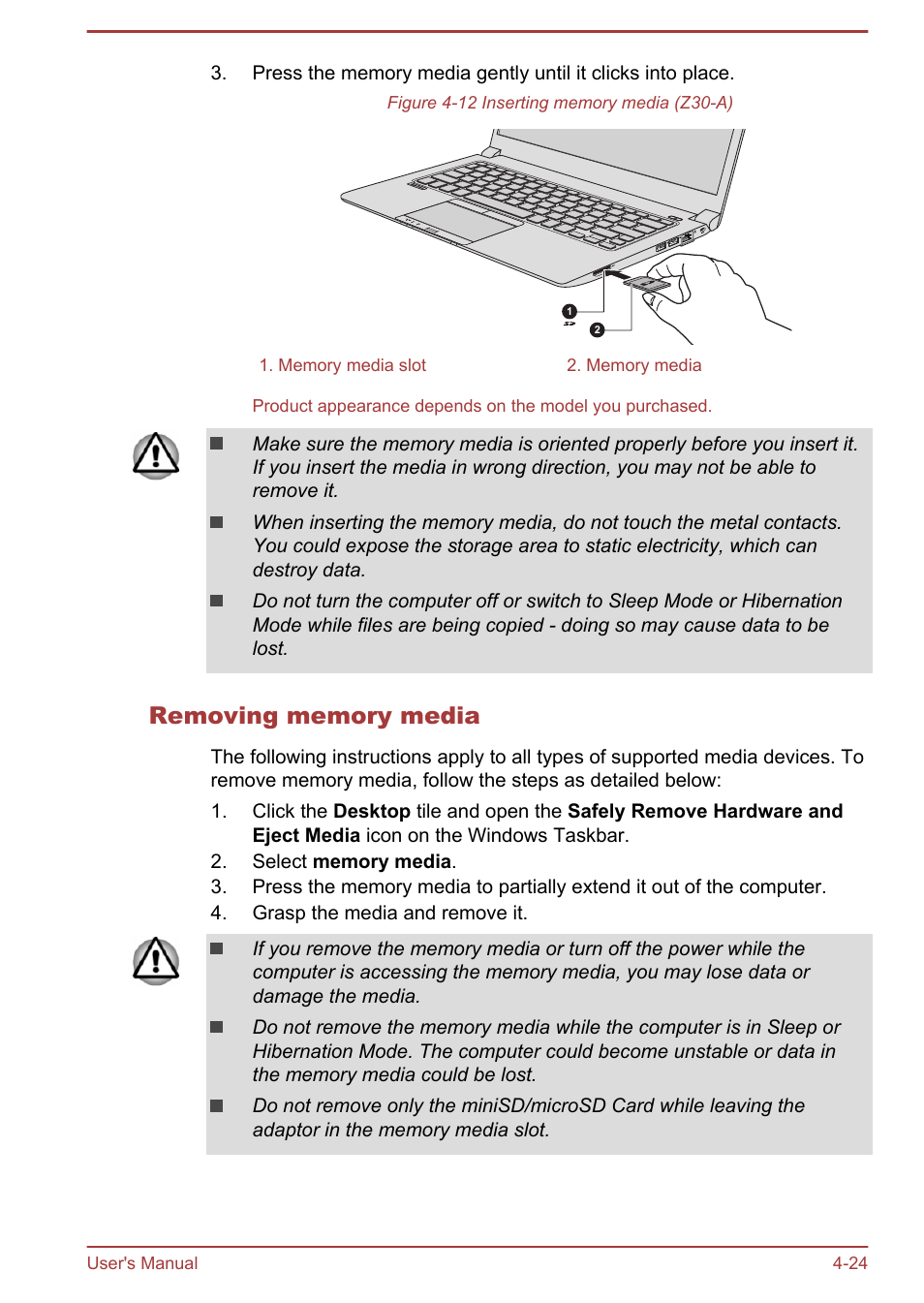 Removing memory media | Toshiba Satellite Z30-A User Manual | Page 91 / 161