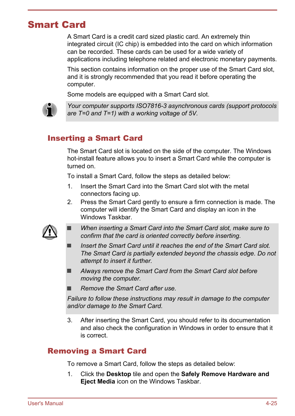 Smart card, Inserting a smart card, Removing a smart card | Smart card -25 | Toshiba Satellite Z30-A User Manual | Page 92 / 161