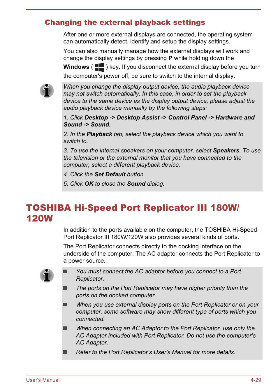 Changing the external playback settings, Toshiba hi-speed port replicator iii 180w/120w, Toshiba hi-speed port replicator iii 180w/120w -29 | Toshiba Satellite Z30-A User Manual | Page 96 / 161